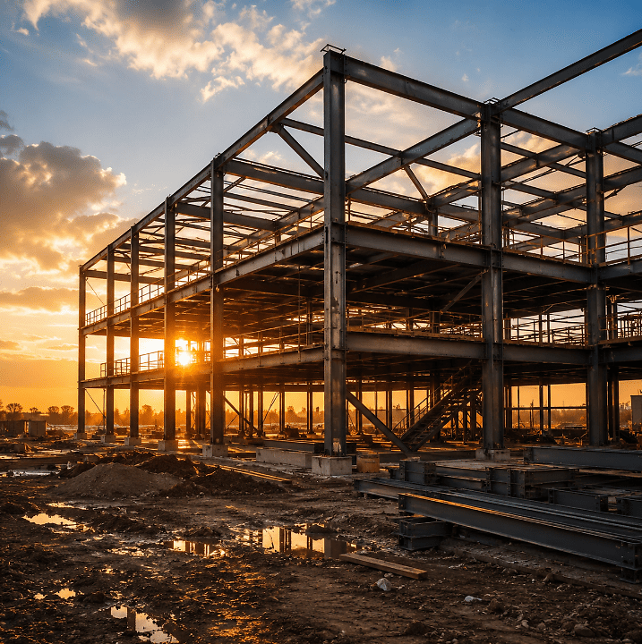 Obra de estrutura metálica ao pôr do sol
